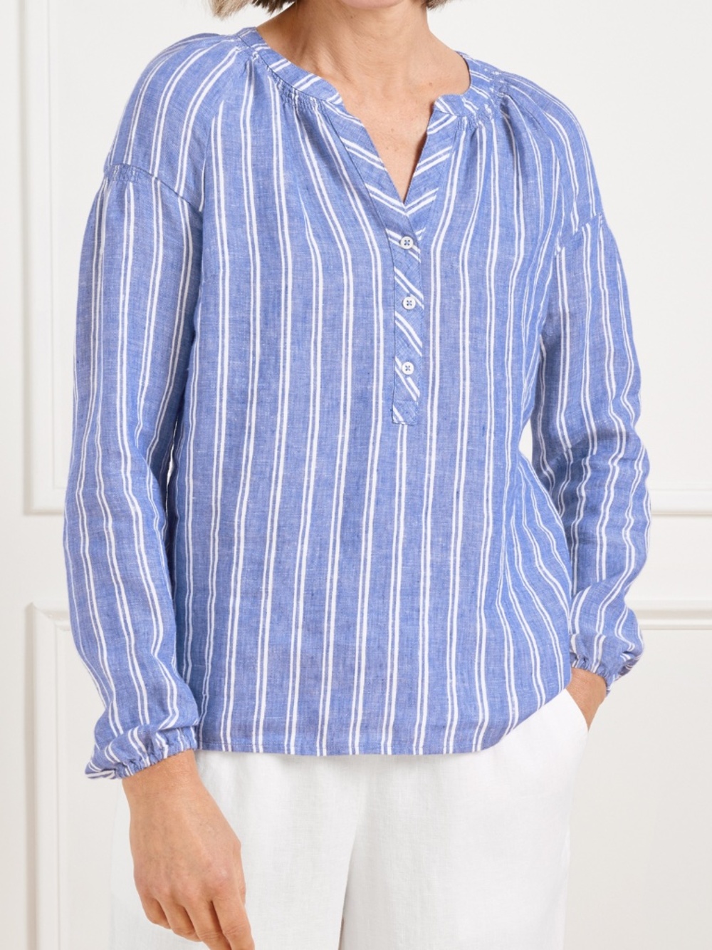 Talbots Lantern Sleeve Petal Stripe Linen Popover Top Blue Sz L